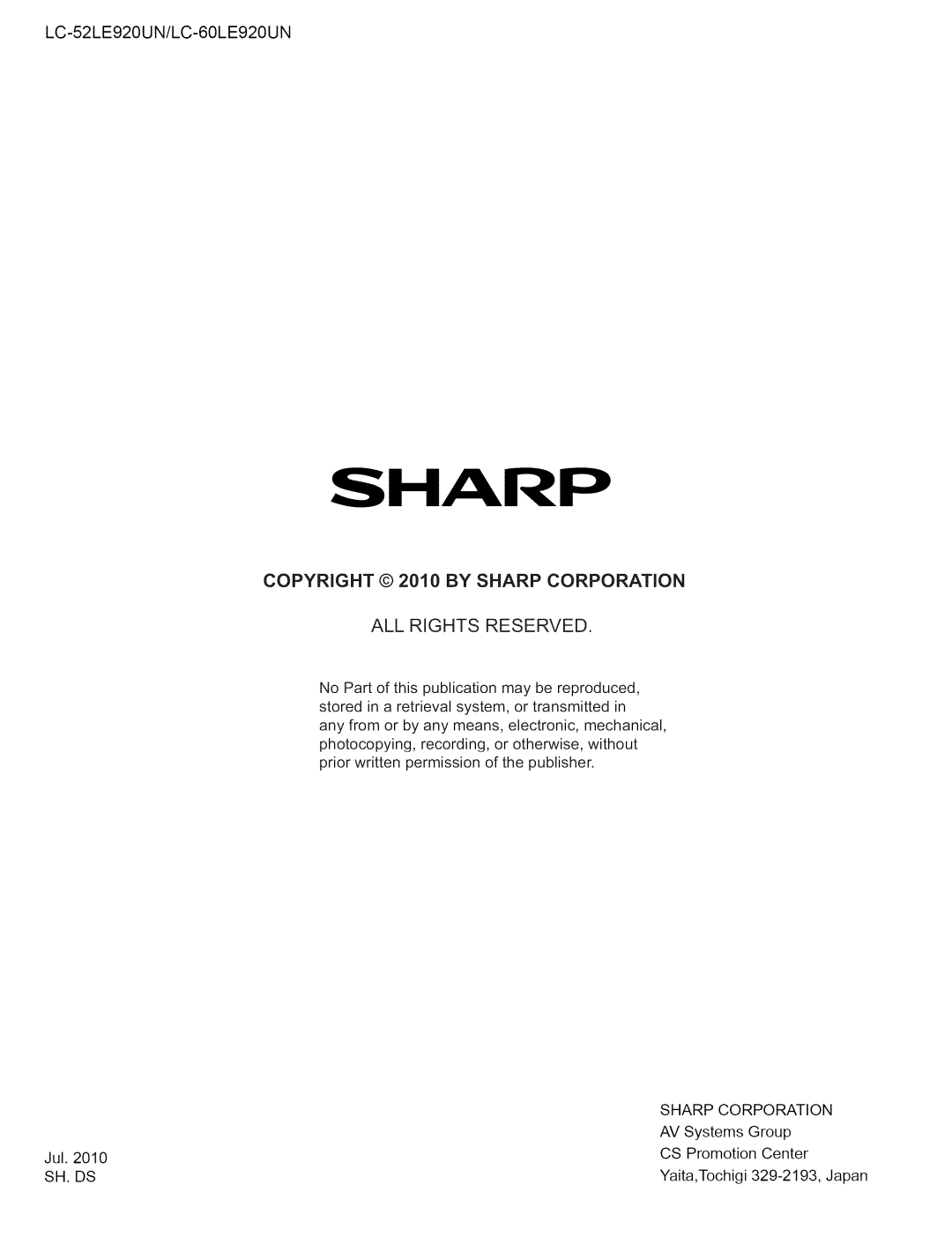 Sharp 60LE920UN, 52LE920UN service manual Sharp 