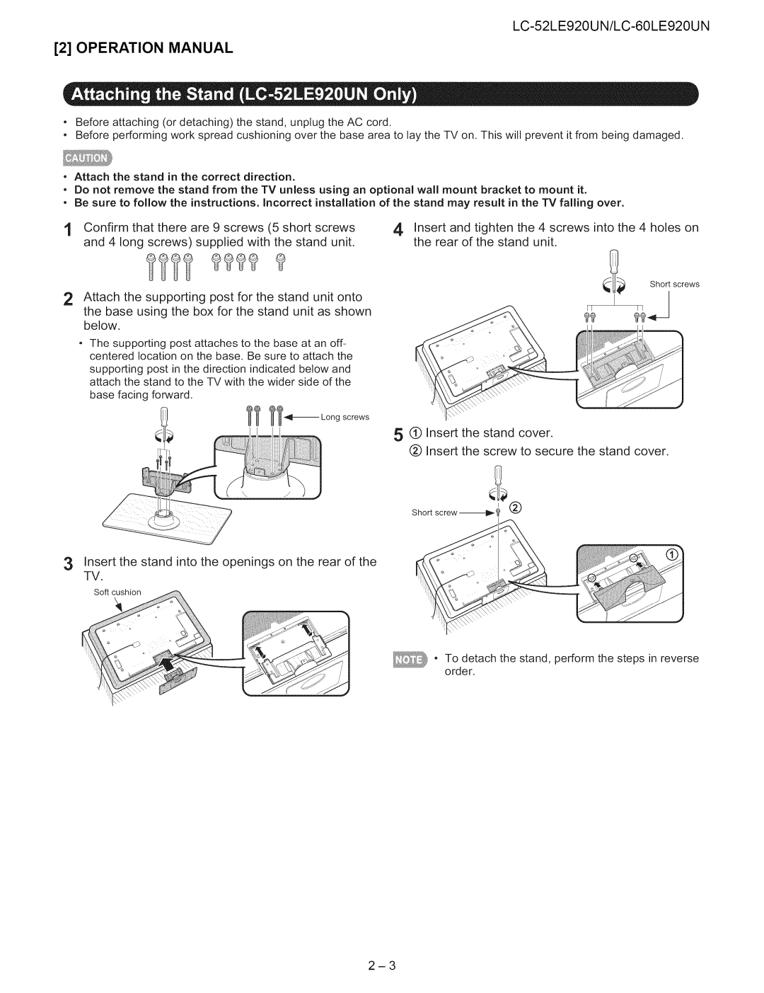 Sharp 52LE920UN, 60LE920UN service manual Insert the stand into the openings on the rear of the TV 