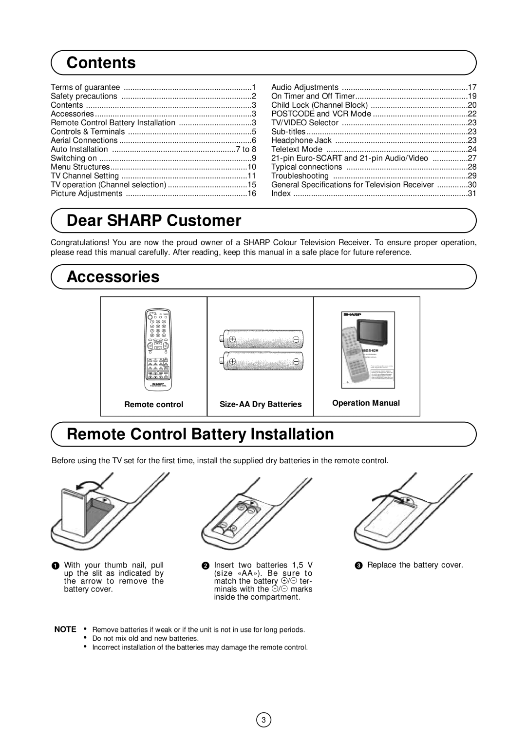 Sharp 66GS-62H operation manual Contents, Dear Sharp Customer, Accessories, Remote Control Battery Installation 