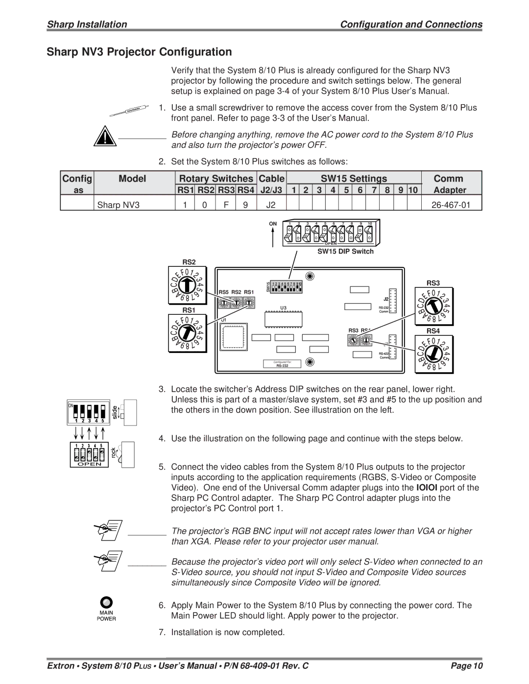 Sharp 68-409-01 user manual Sharp NV3 Projector Configuration, J2/J3 Adapter Sharp NV3 26-467-01 