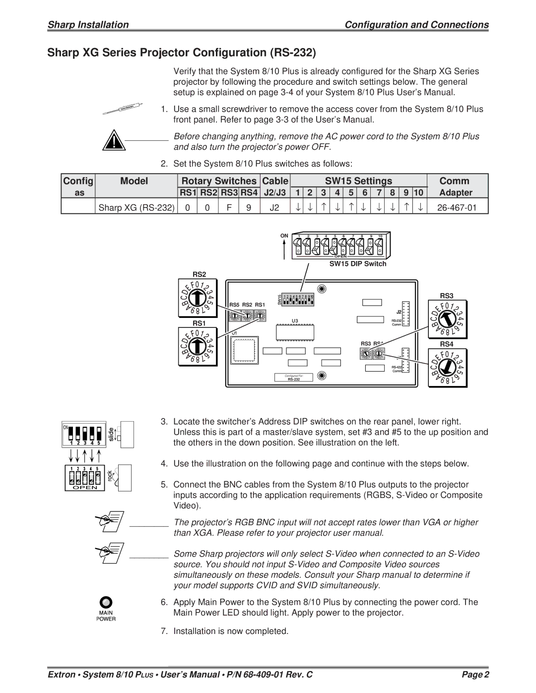 Sharp 68-409-01 Sharp XG Series Projector Configuration RS-232, Config Model Rotary Switches Cable SW15 Settings Comm 