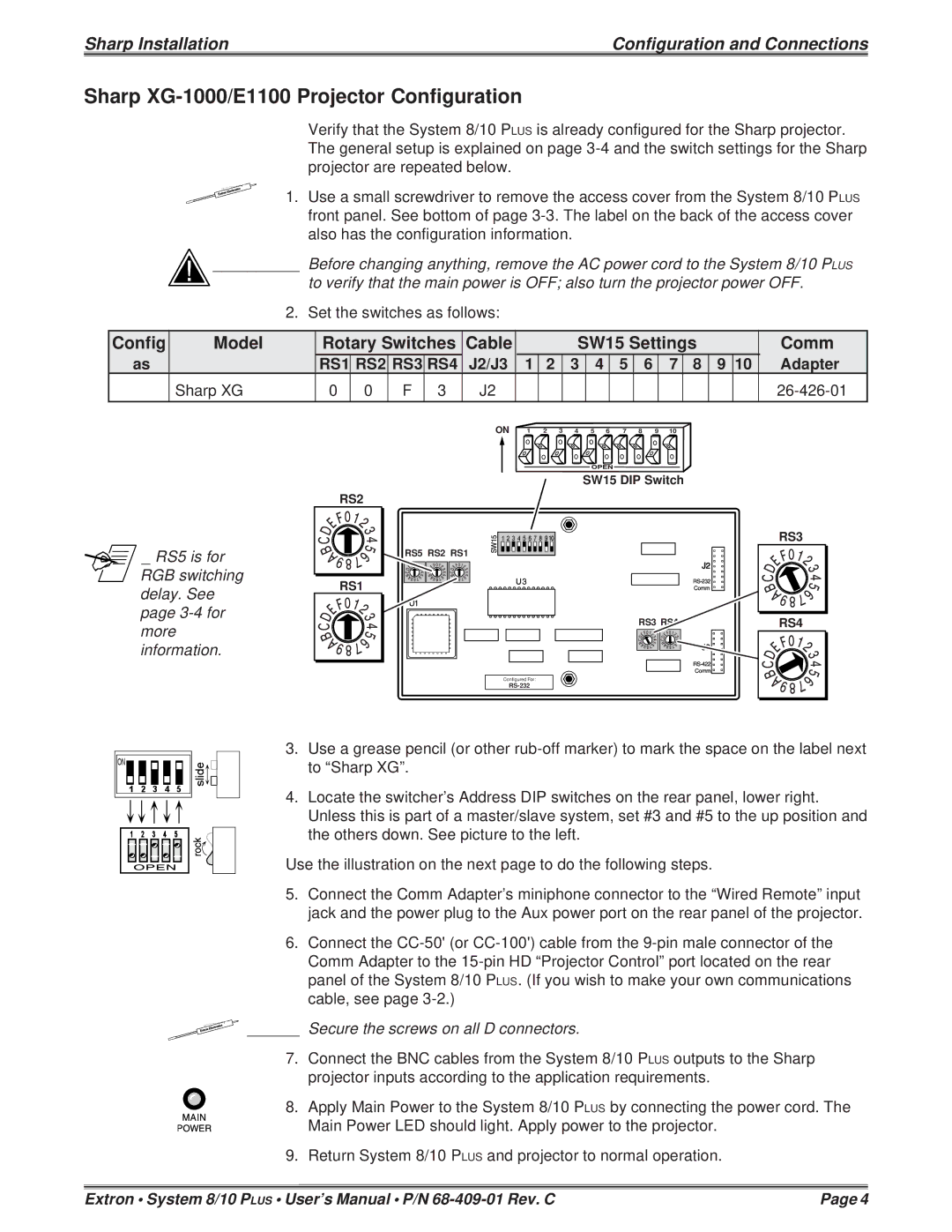 Sharp 68-409-01 user manual Sharp XG-1000/E1100 Projector Configuration, J2/J3 Adapter Sharp XG 26-426-01 