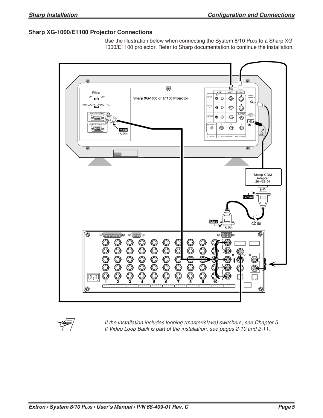 Sharp 68-409-01 user manual Sharp XG-1000/E1100 Projector Connections, Sharp XG-1000 or E1100 Projector 