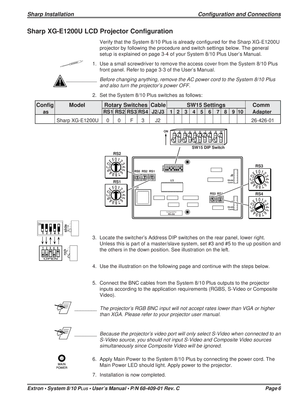 Sharp 68-409-01 user manual Sharp XG-E1200U LCD Projector Configuration, J2/J3 Adapter Sharp XG-E1200U 26-426-01 