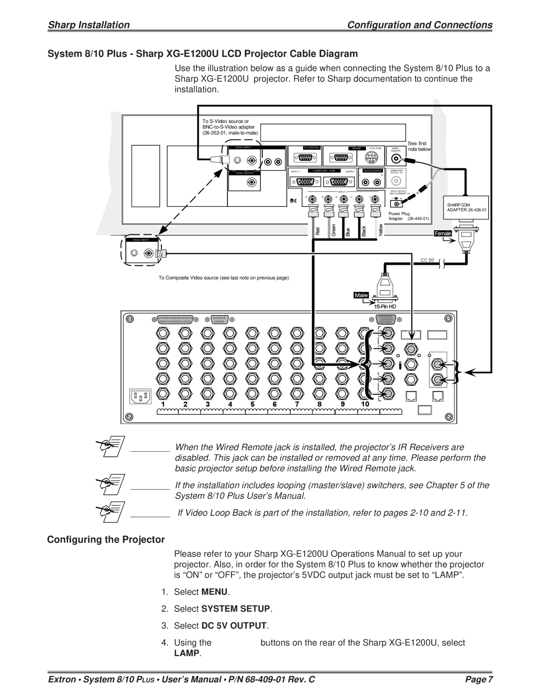 Sharp 68-409-01 user manual Configuring the Projector, Select System Setup Select DC 5V Output 