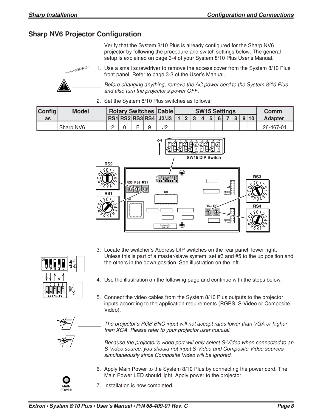 Sharp 68-409-01 user manual Sharp NV6 Projector Configuration, J2/J3 Adapter Sharp NV6 26-467-01 