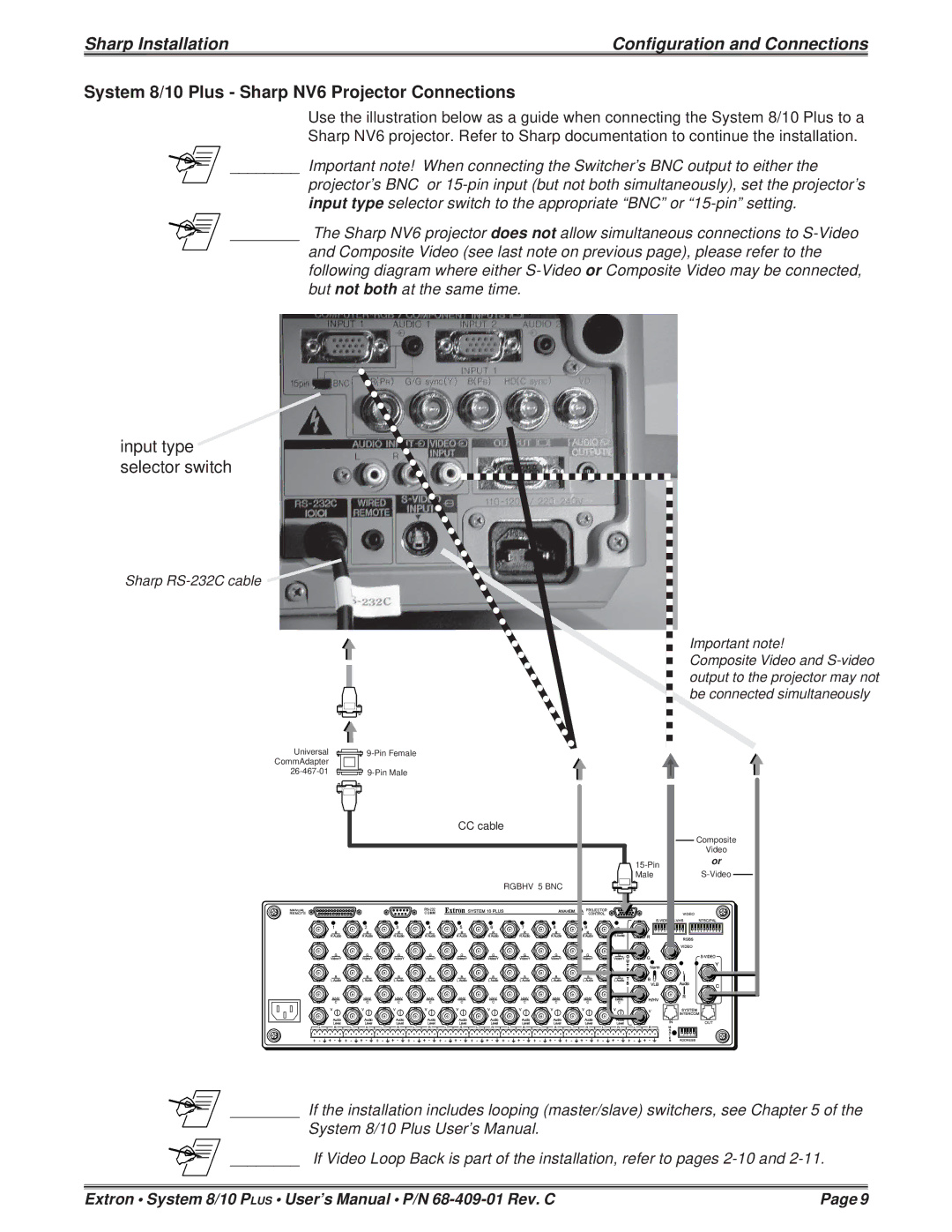 Sharp 68-409-01 user manual System 8/10 Plus Sharp NV6 Projector Connections, Input type selector switch 