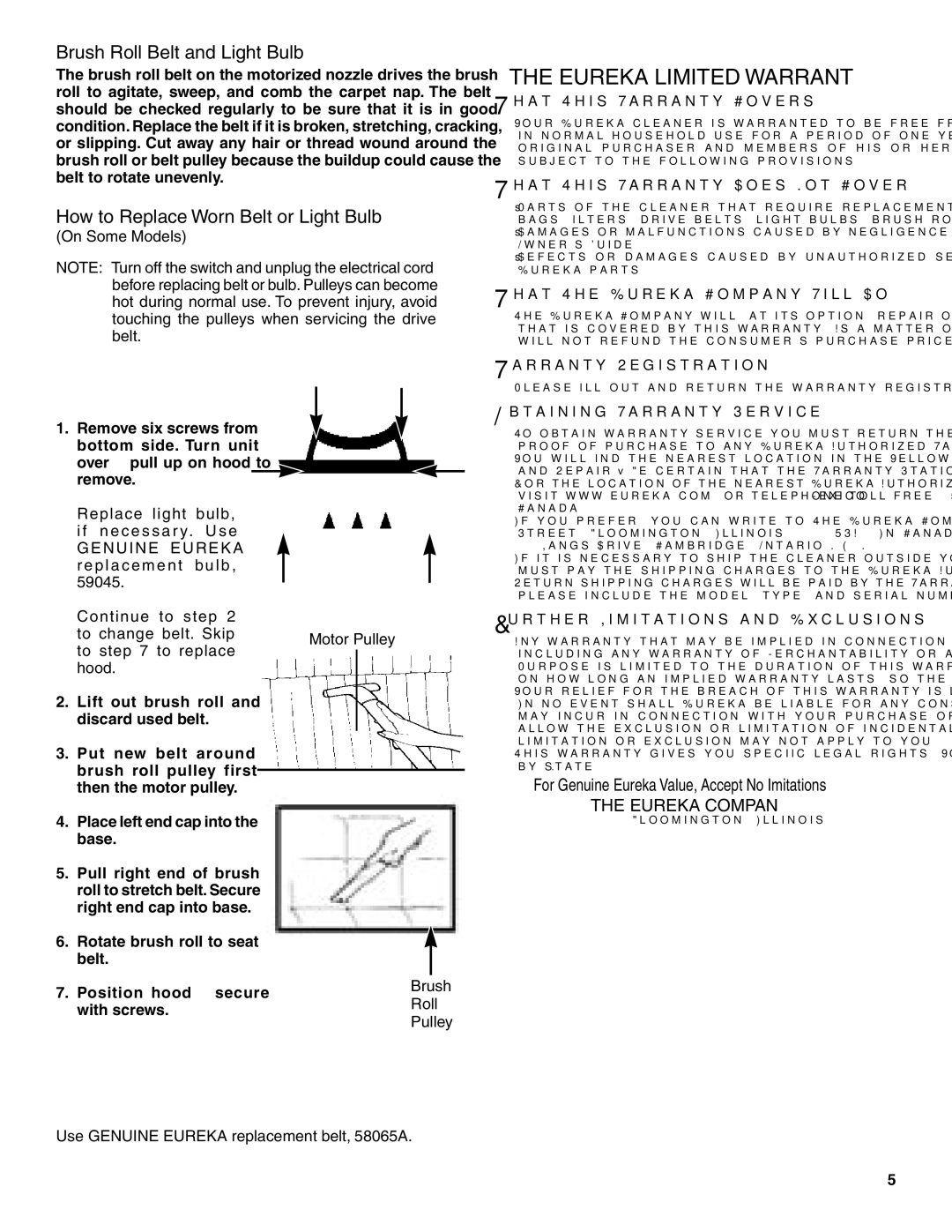 Sharp 6830 SERIES warranty Eureka Limited Warranty, Brush Roll Belt and Light Bulb, How to Replace Worn Belt or Light Bulb 