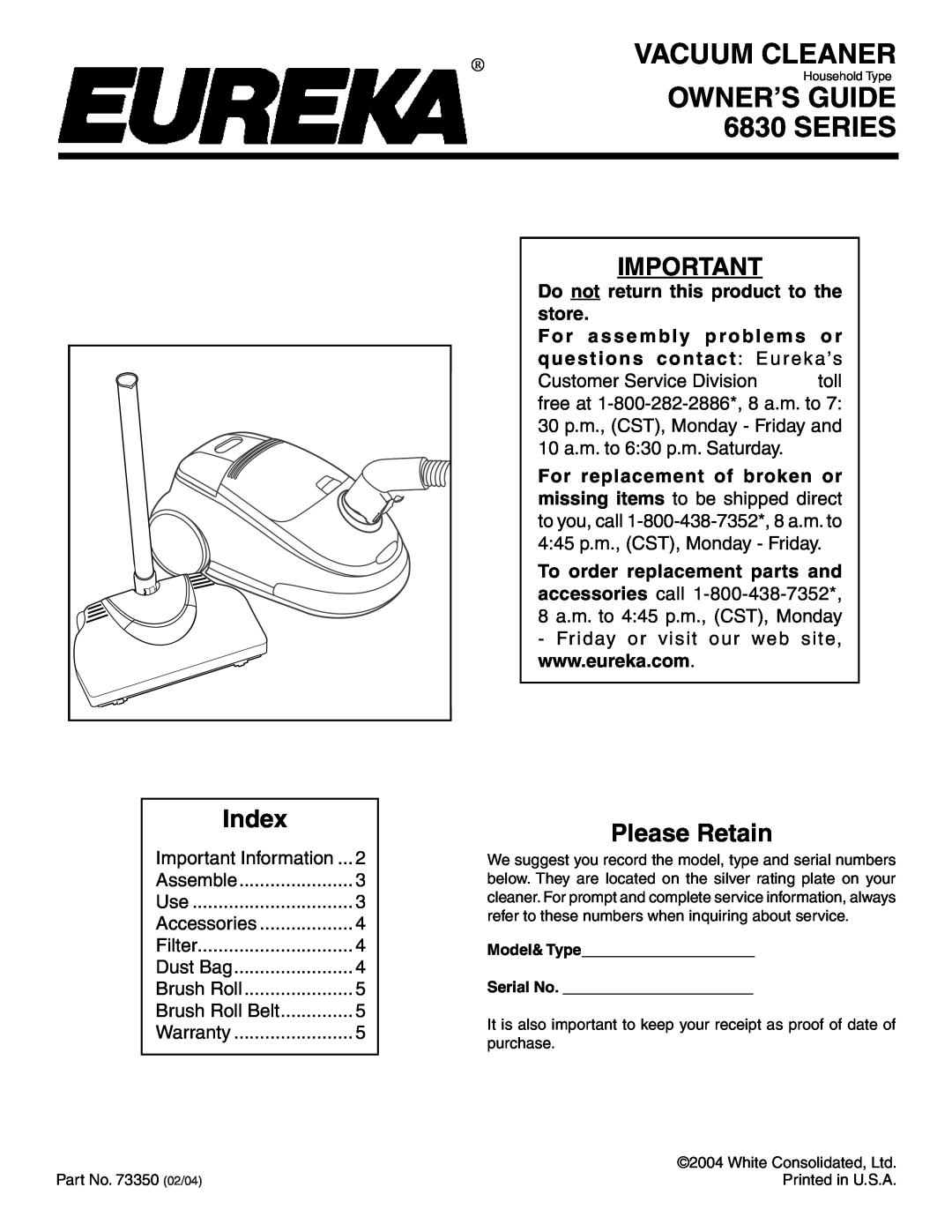 Sharp 6830 SERIES warranty Do notreturn this product to the store, Vacuum Cleaner, Owner’S Guide, Series, Index 