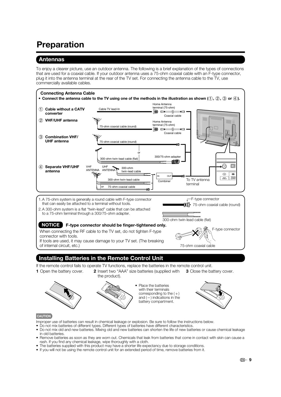 Sharp 60LE632U, 70LE732U Preparation, Antennas, Installing Batteries in the Remote Control Unit, Connecting Antenna Cable 