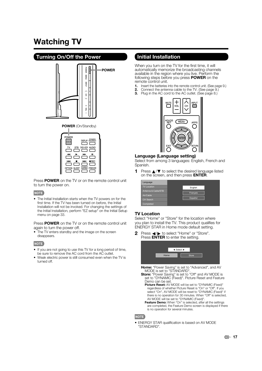 Sharp 60LE632U Watching TV, Turning On/Off the Power, Initial Installation, Language Language setting, TV Location 