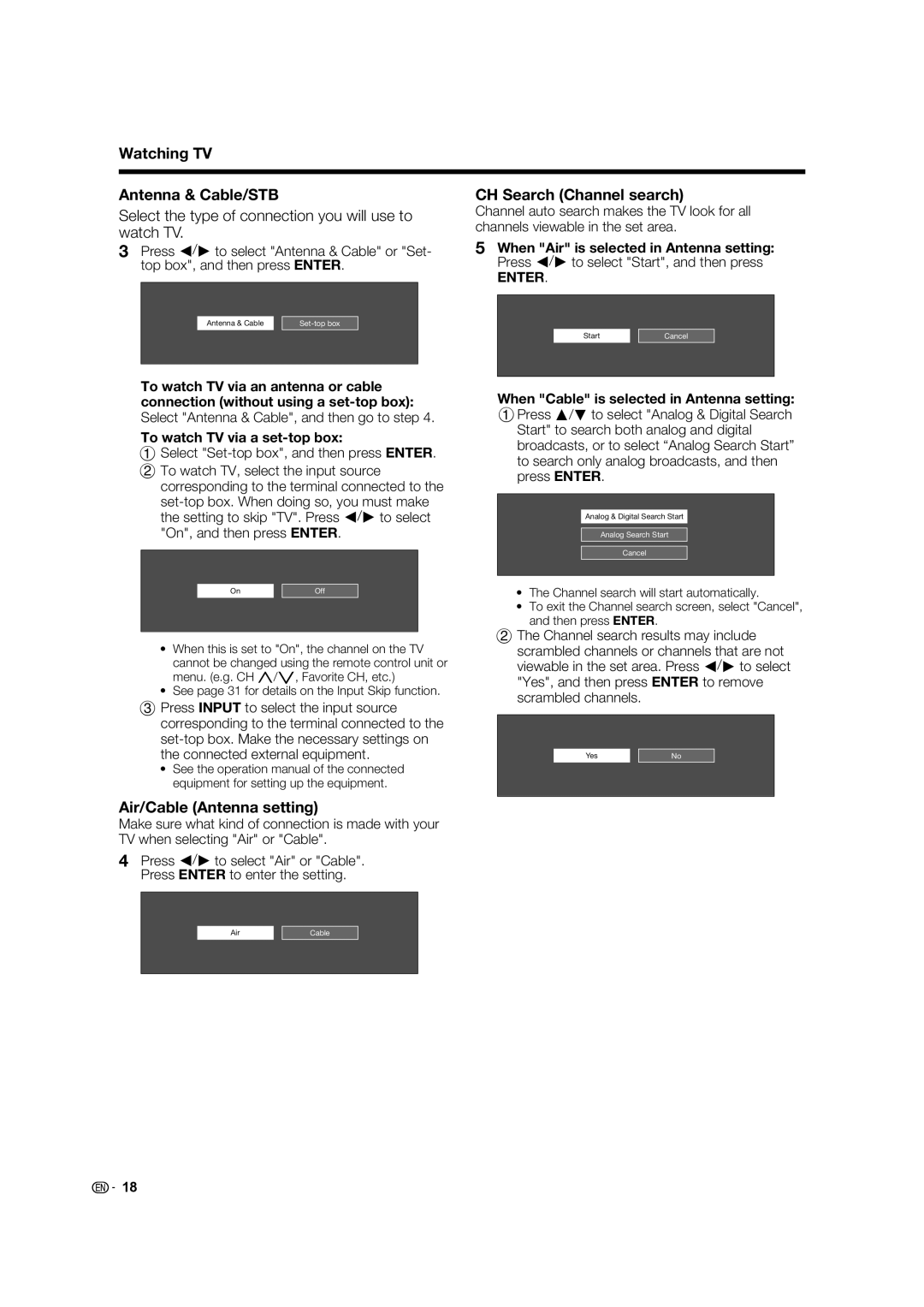 Sharp 70LE732U, 60LE632U Watching TV Antenna & Cable/STB, CH Search Channel search, Air/Cable Antenna setting 