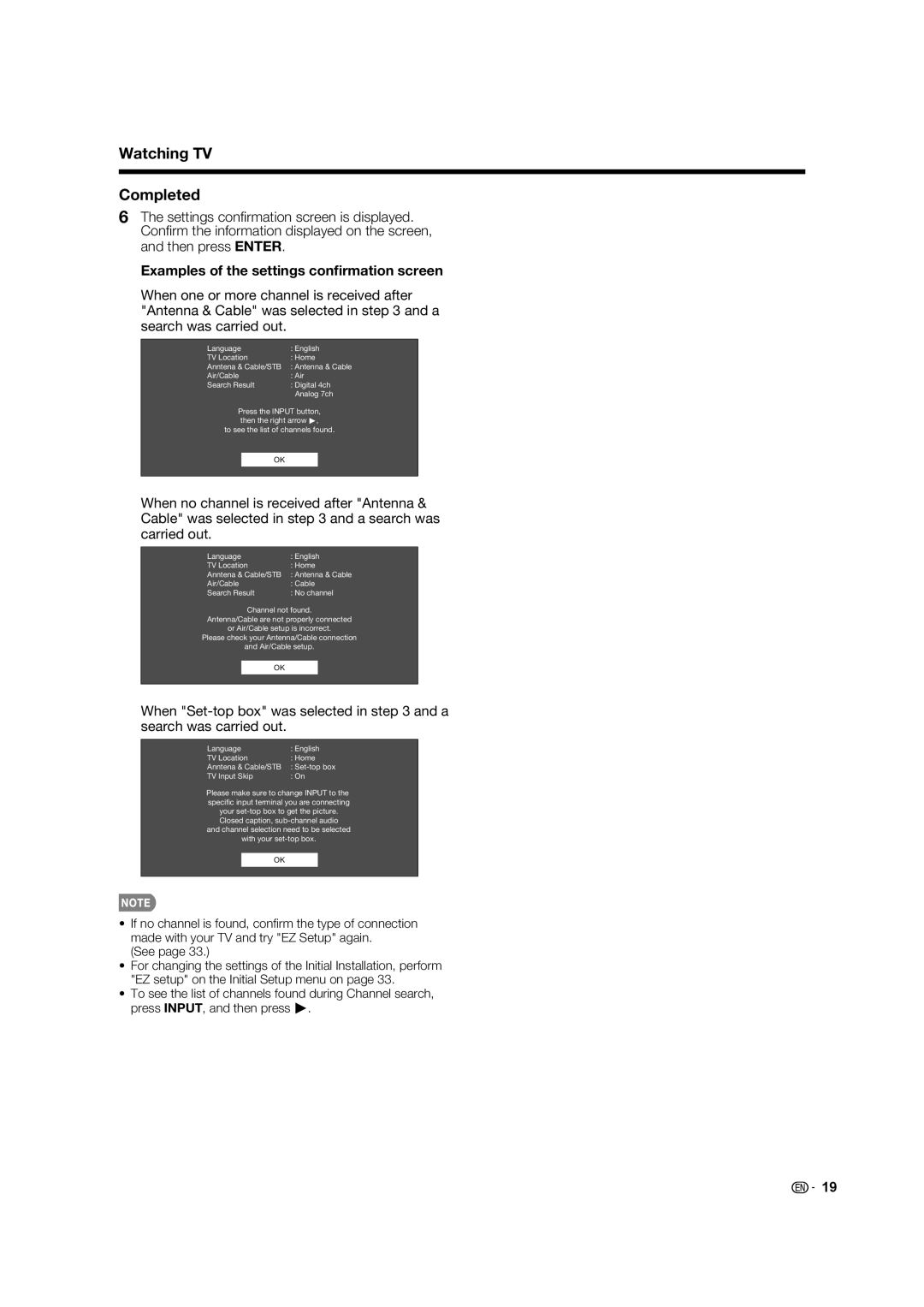 Sharp 60LE632U, 70LE732U operation manual Watching TV Completed, Examples of the settings conﬁrmation screen 