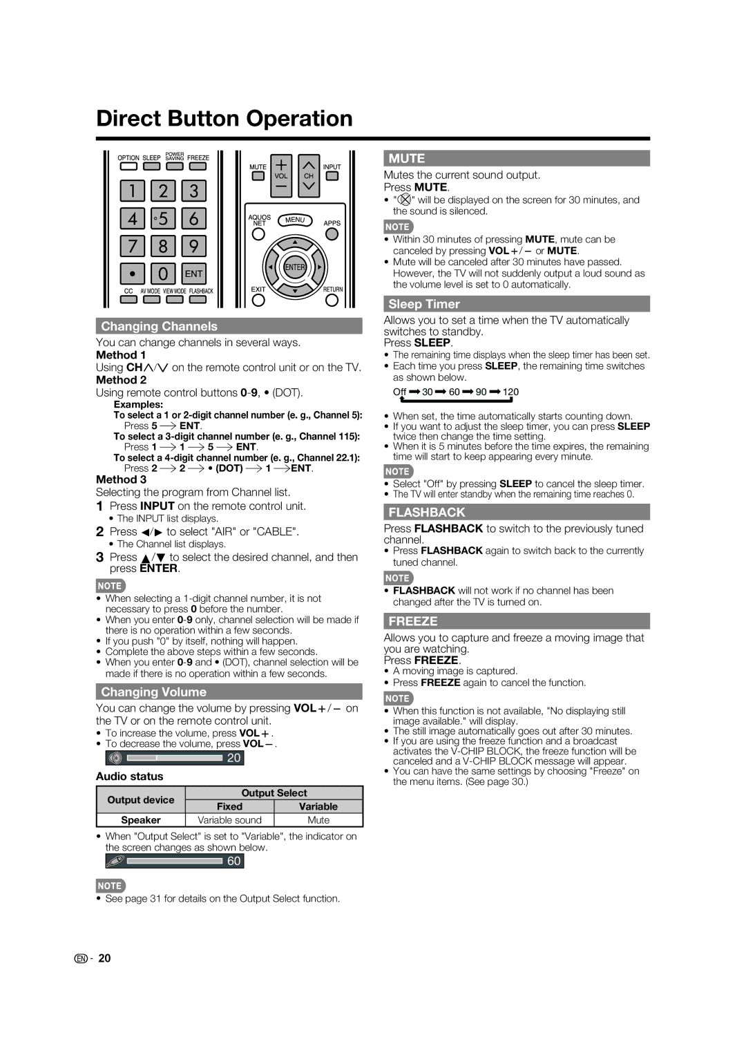 Sharp 70LE732U, 60LE632U operation manual Direct Button Operation, Changing Channels, Changing Volume, Sleep Timer 