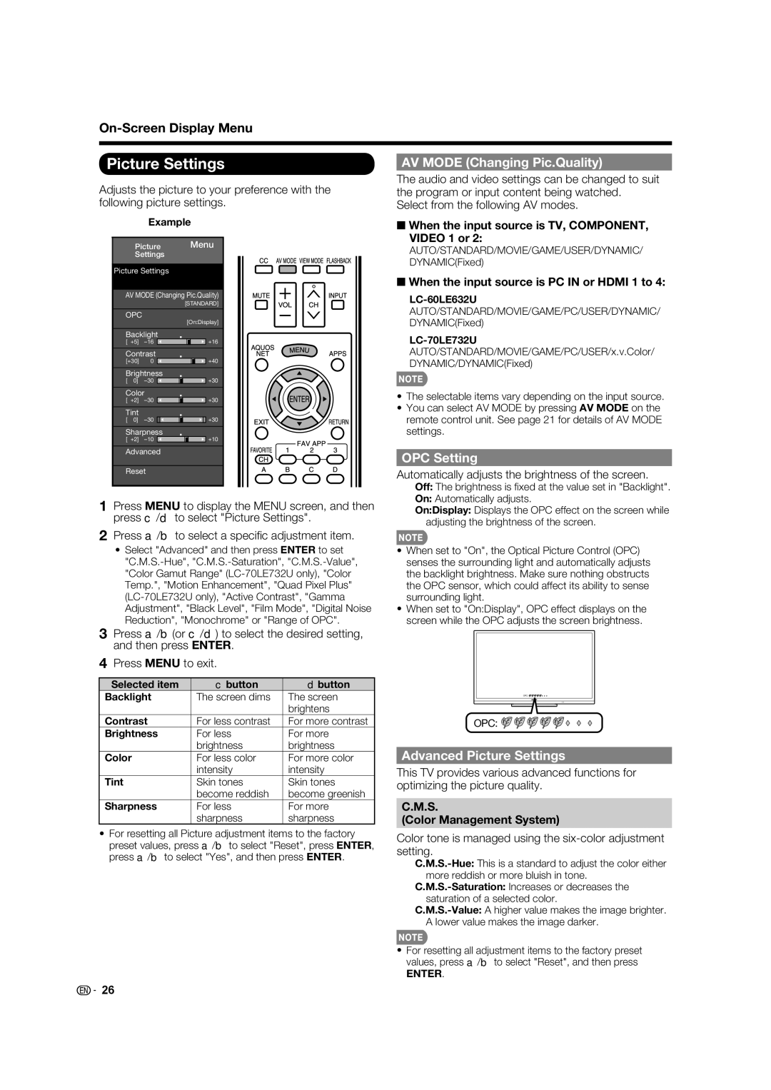 Sharp 70LE732U, 60LE632U operation manual AV Mode Changing Pic.Quality, OPC Setting, Advanced Picture Settings 