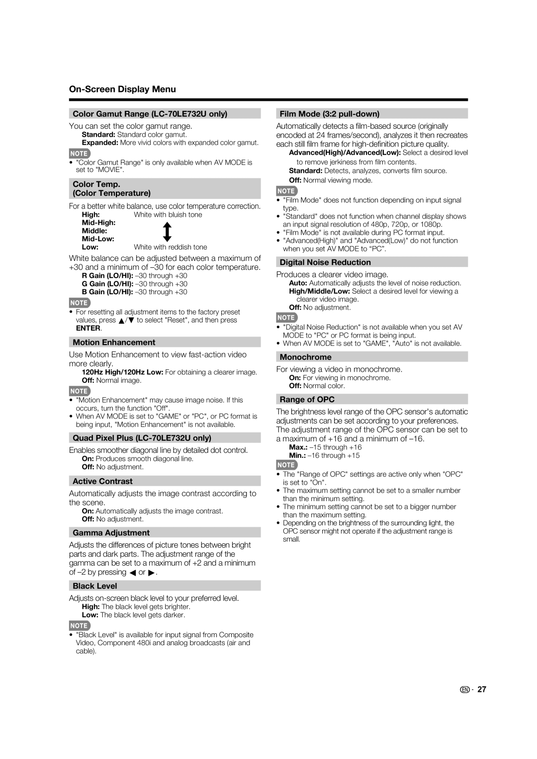 Sharp 60LE632U Color Gamut Range LC-70LE732U only, Color Temp Color Temperature, Motion Enhancement, Active Contrast 