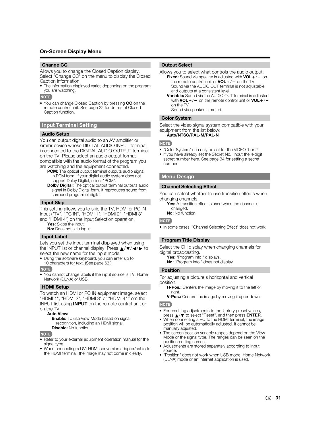 Sharp 60LE632U, 70LE732U operation manual Input Terminal Setting, Menu Design 