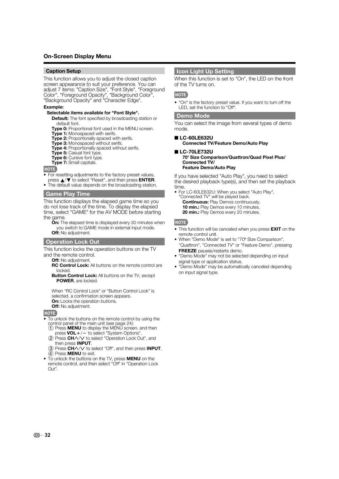 Sharp 70LE732U, 60LE632U Icon Light Up Setting, Game Play Time, Operation Lock Out, Demo Mode, Caption Setup 