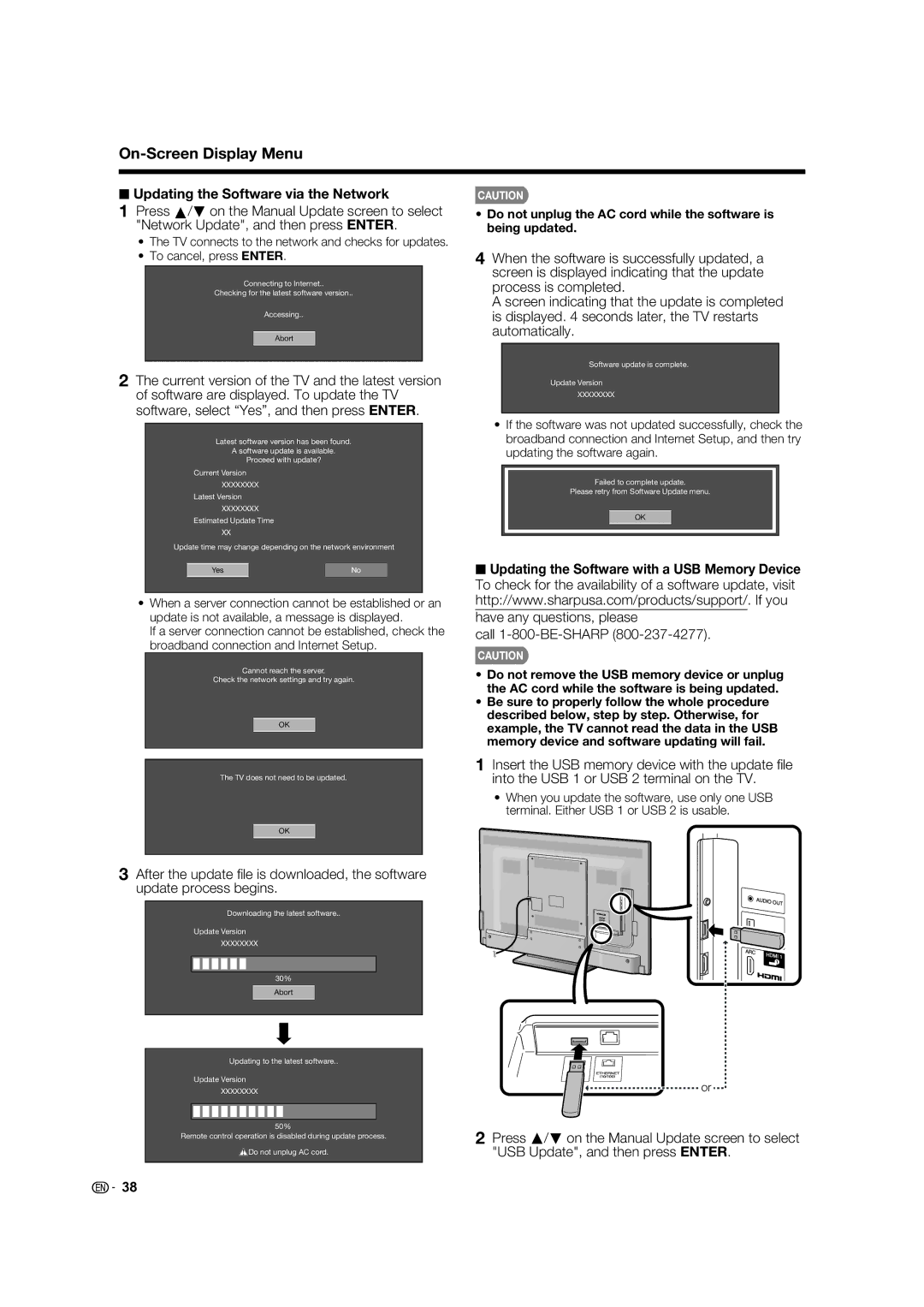 Sharp 70LE732U, 60LE632U operation manual Updating the Software via the Network, Call 1-800-BE-SHARP 