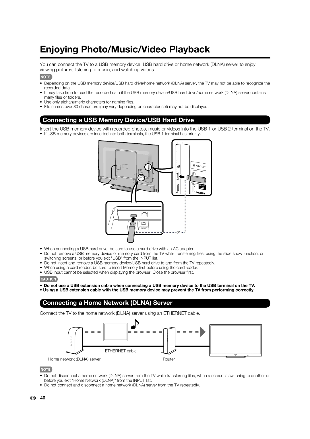 Sharp 70LE732U, 60LE632U operation manual Enjoying Photo/Music/Video Playback, Connecting a USB Memory Device/USB Hard Drive 