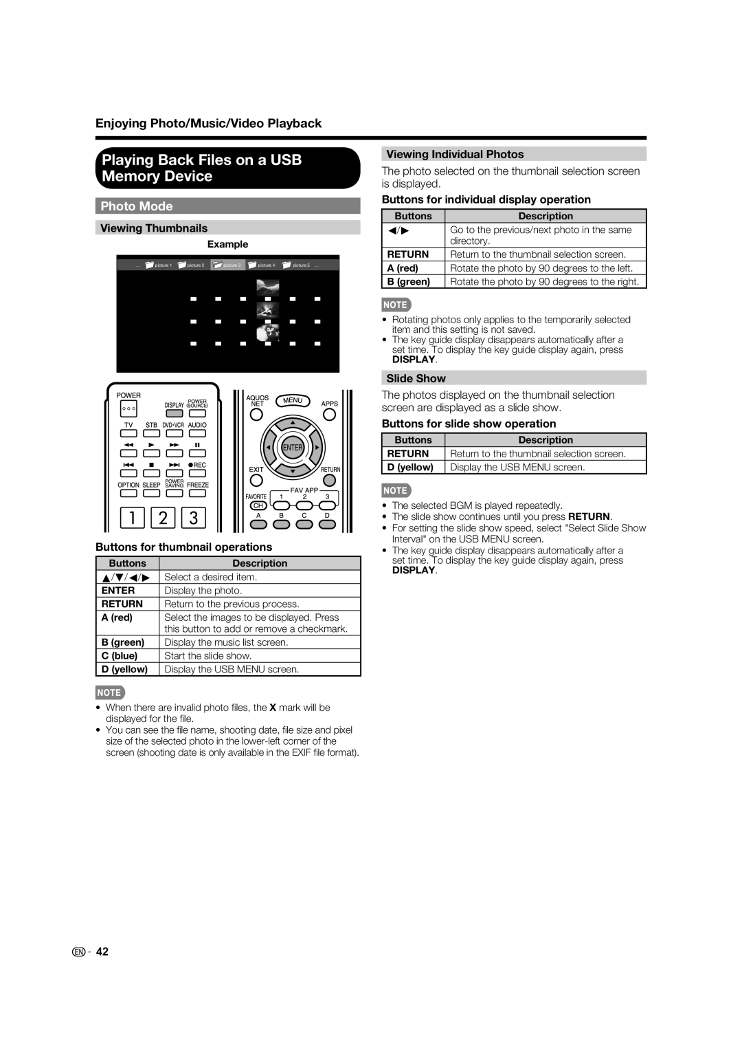 Sharp 70LE732U, 60LE632U operation manual Playing Back Files on a USB Memory Device, Photo Mode 