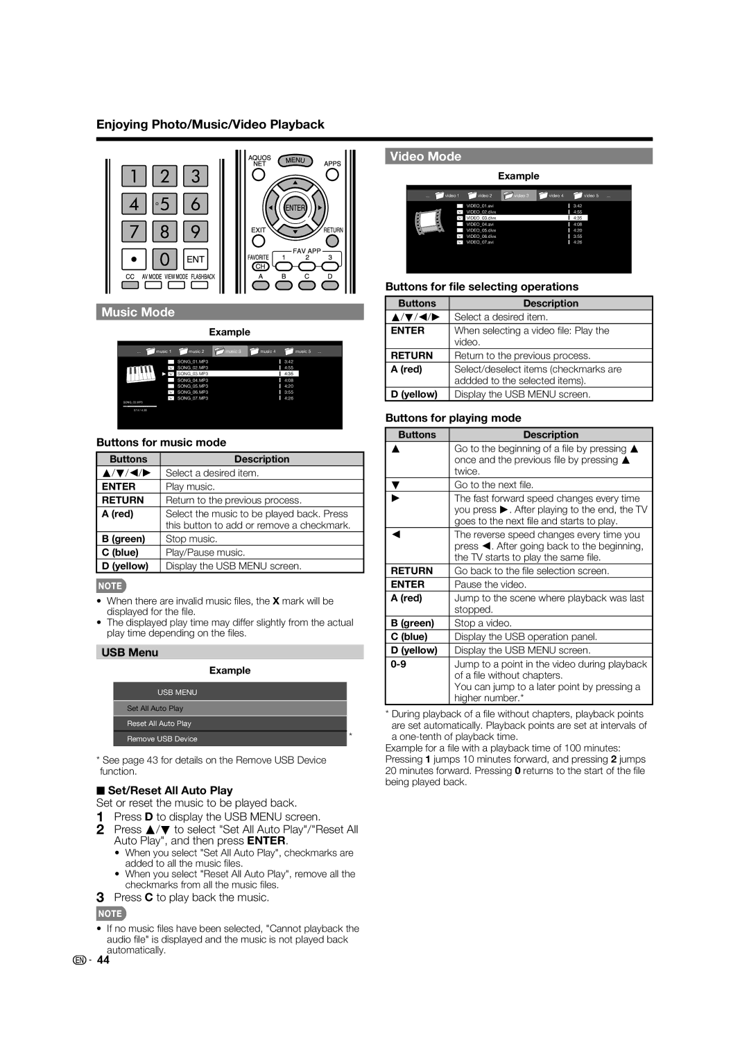 Sharp 70LE732U, 60LE632U Music Mode, Video Mode, Buttons for ﬁle selecting operations, Set/Reset All Auto Play 