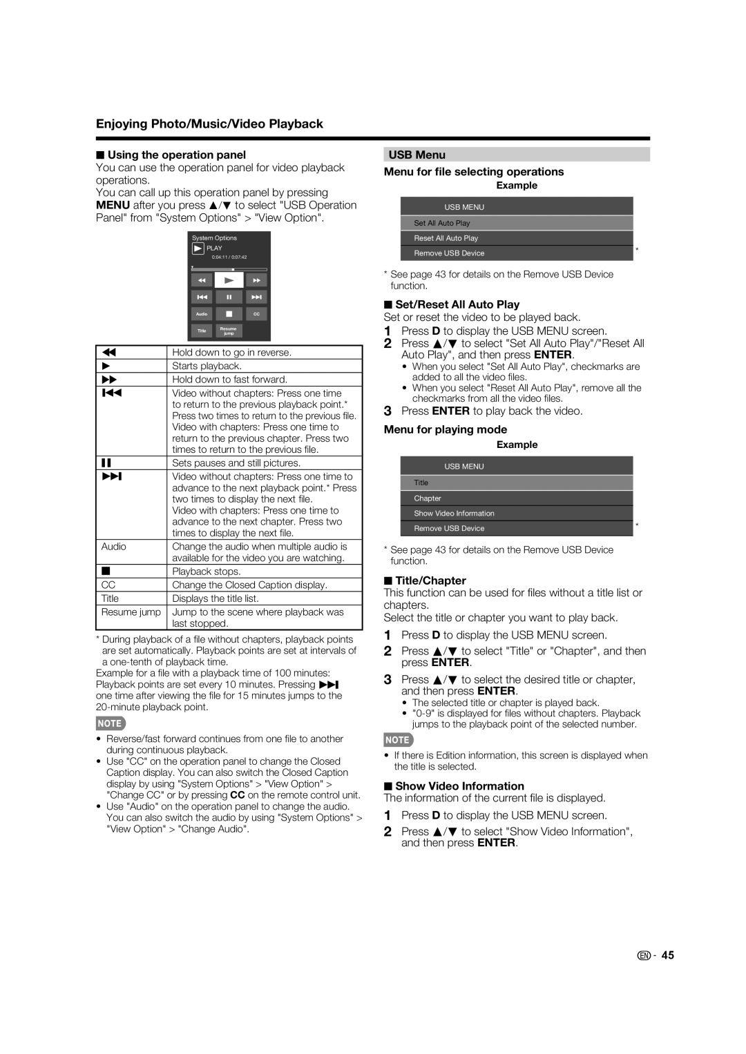 Sharp 60LE632U Using the operation panel, USB Menu Menu for ﬁle selecting operations, Menu for playing mode, Title/Chapter 