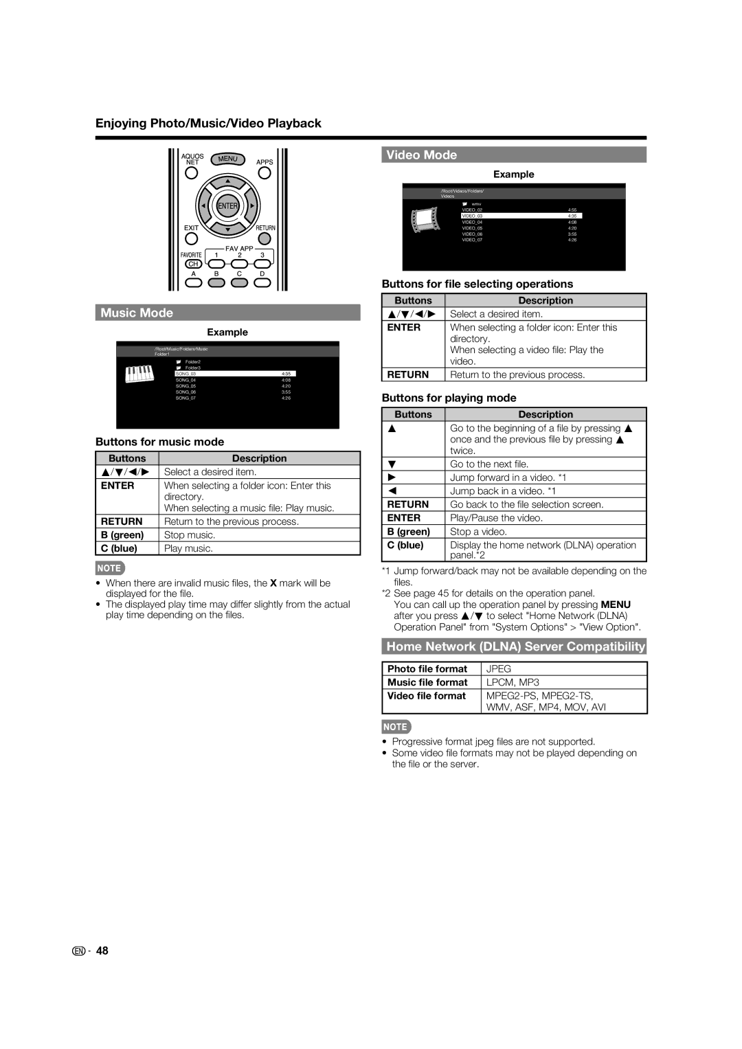 Sharp 70LE732U, 60LE632U operation manual Home Network Dlna Server Compatibility, Buttons for playing mode 