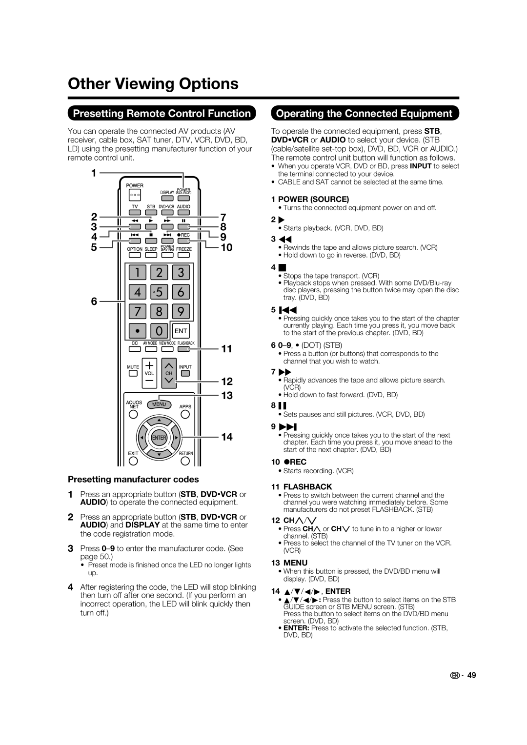 Sharp 60LE632U Other Viewing Options, Presetting Remote Control Function, Operating the Connected Equipment, 9, DOT STB 