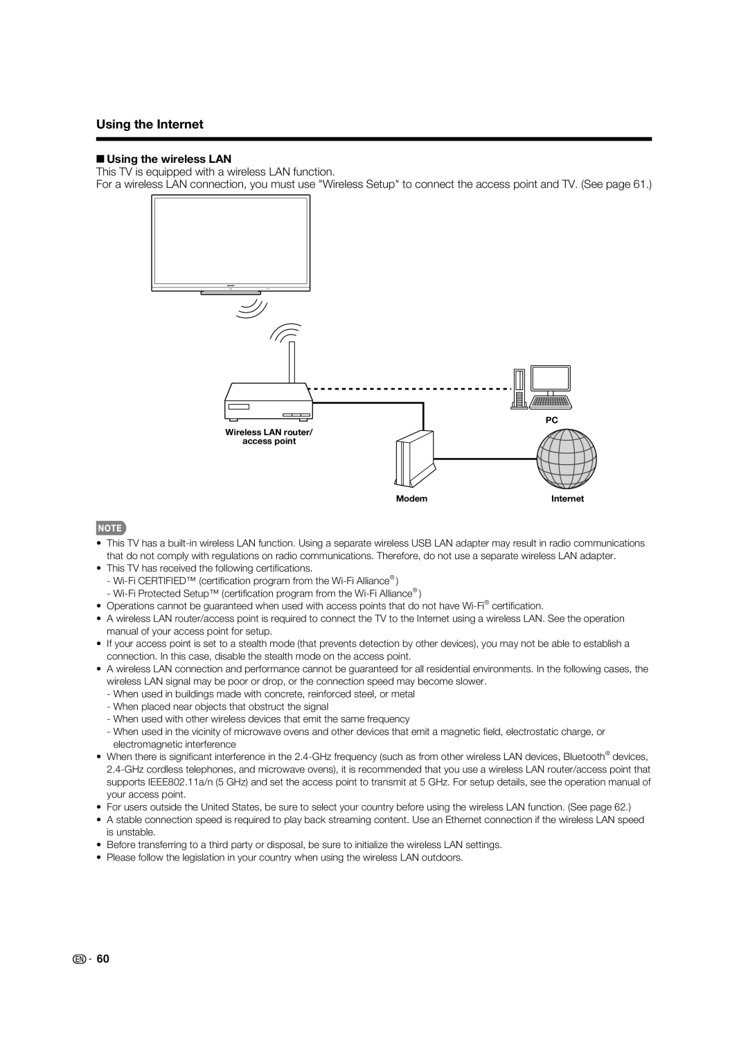 Sharp 70LE732U, 60LE632U operation manual Using the Internet, Using the wireless LAN 