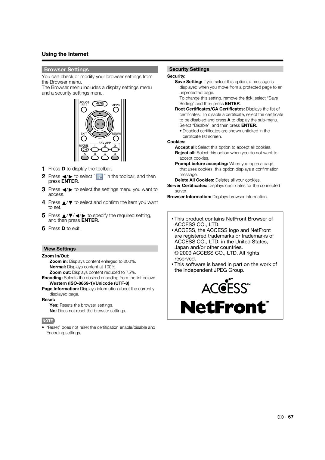 Sharp 60LE632U, 70LE732U operation manual Browser Settings, Security Settings, View Settings 