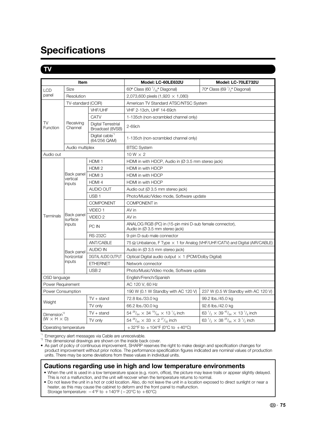 Sharp operation manual Speciﬁcations, Model LC-60LE632U Model LC-70LE732U 