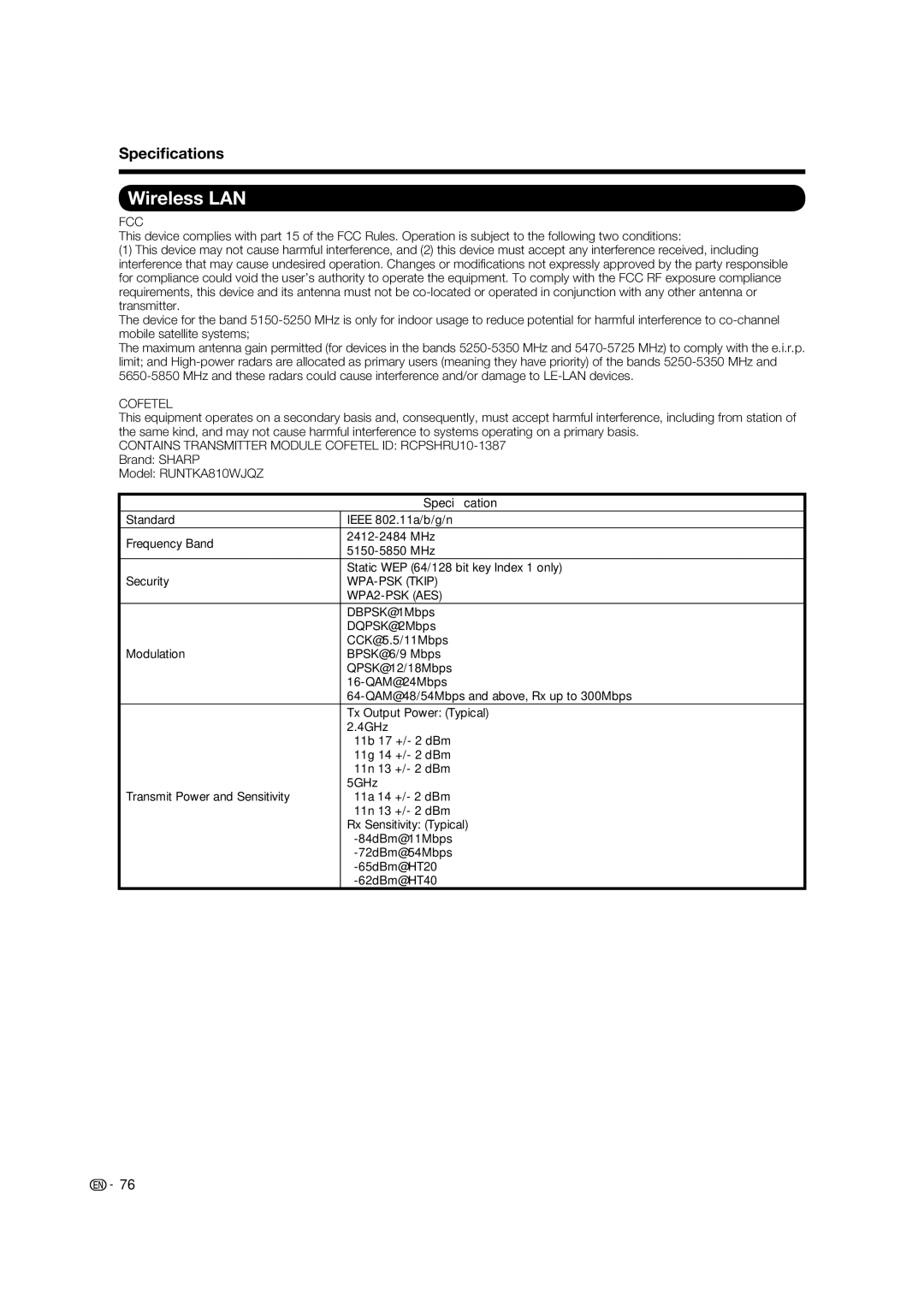 Sharp 70LE732U, 60LE632U operation manual Wireless LAN, Speciﬁcations 