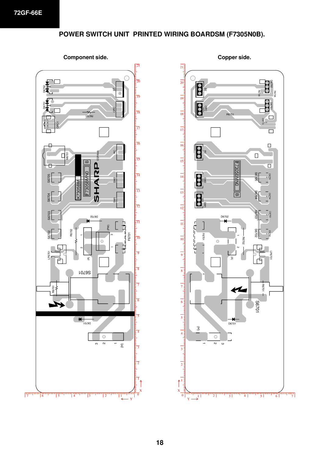 Sharp 72GF-66E service manual Power Switch Unit Printed Wiring Boardsm F7305N0B, Copper side 