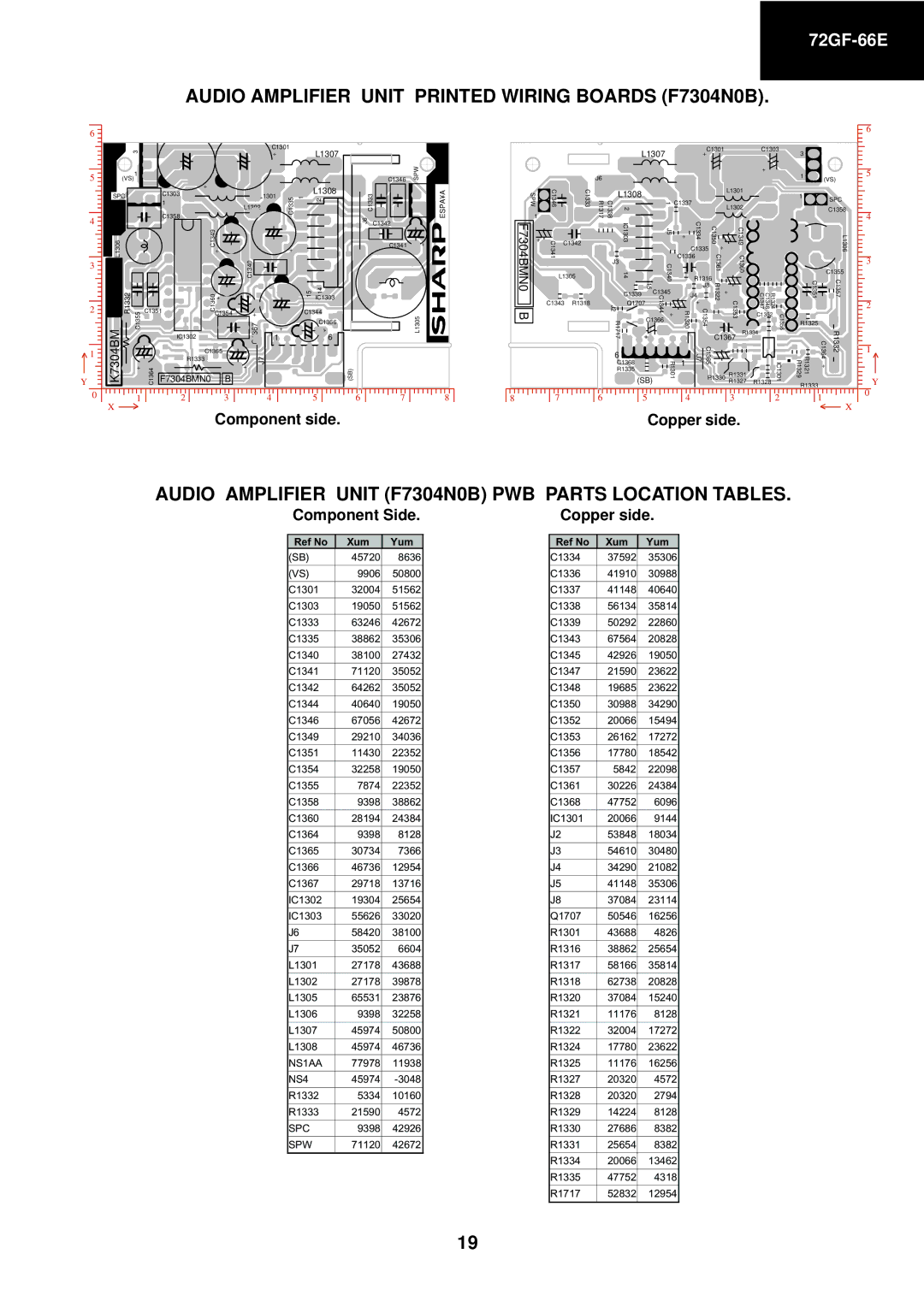 Sharp 72GF-66E service manual Audio Amplifier Unit Printed Wiring Boards F7304N0B, Component side 