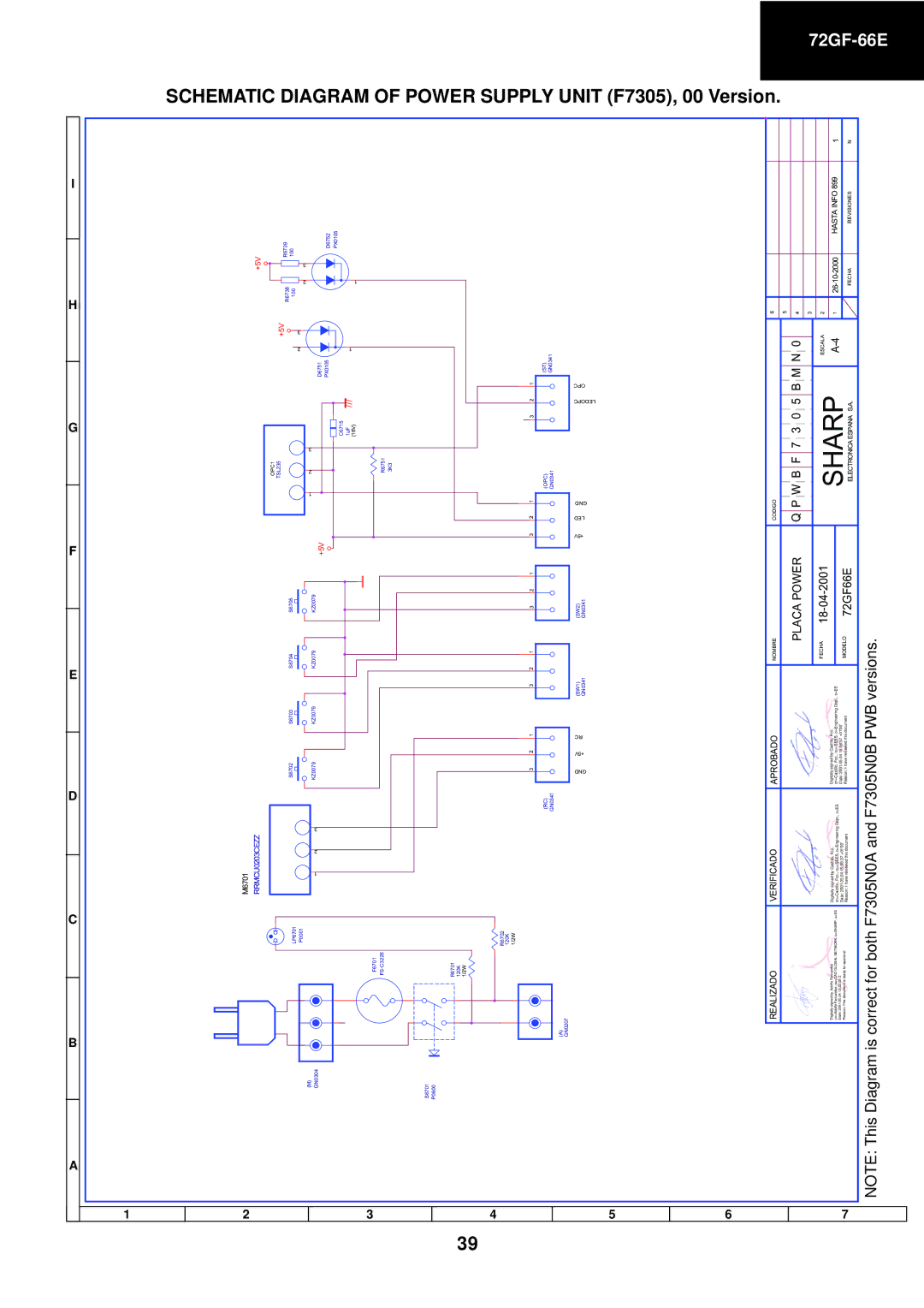 Sharp 72GF-66E service manual Schematic Diagram of Power Supply Unit F7305, 00 Version 