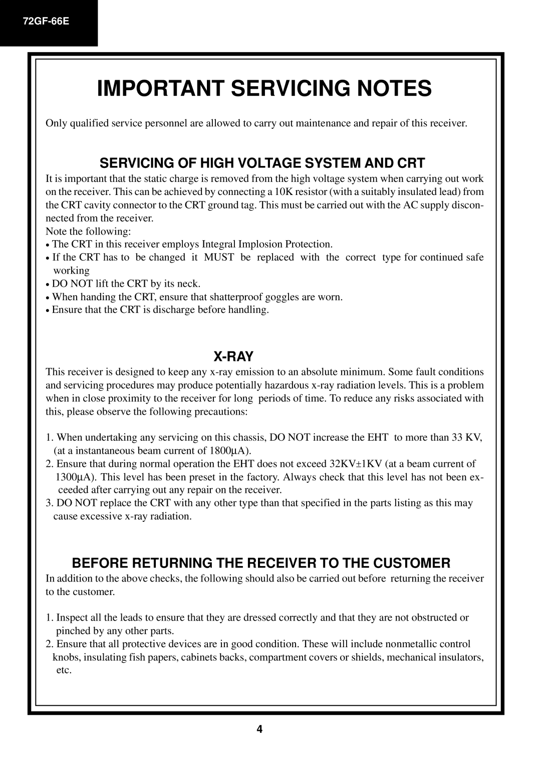 Sharp 72GF-66E service manual Important Servicing Notes 