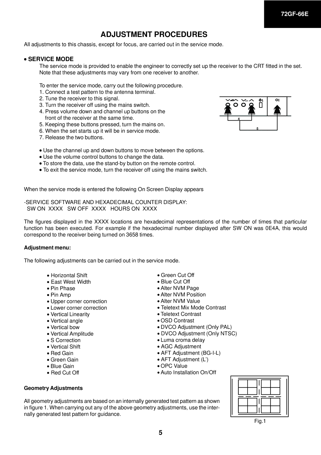 Sharp 72GF-66E service manual Adjustment menu, Geometry Adjustments 