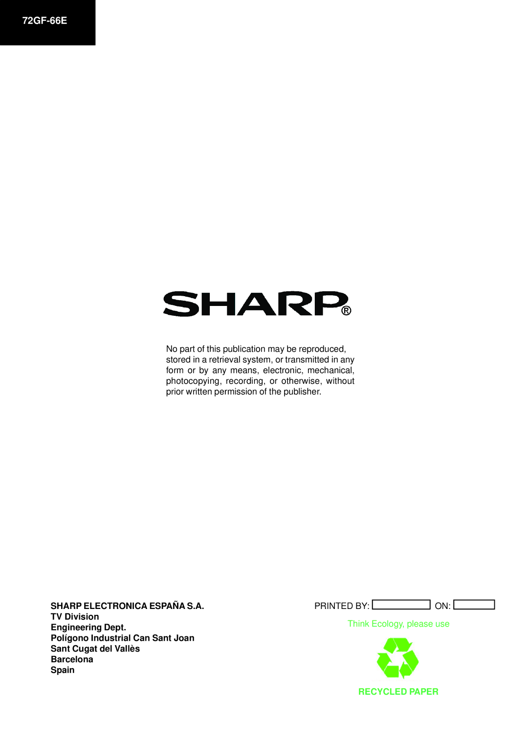 Sharp 72GF-66E service manual Recycled Paper 