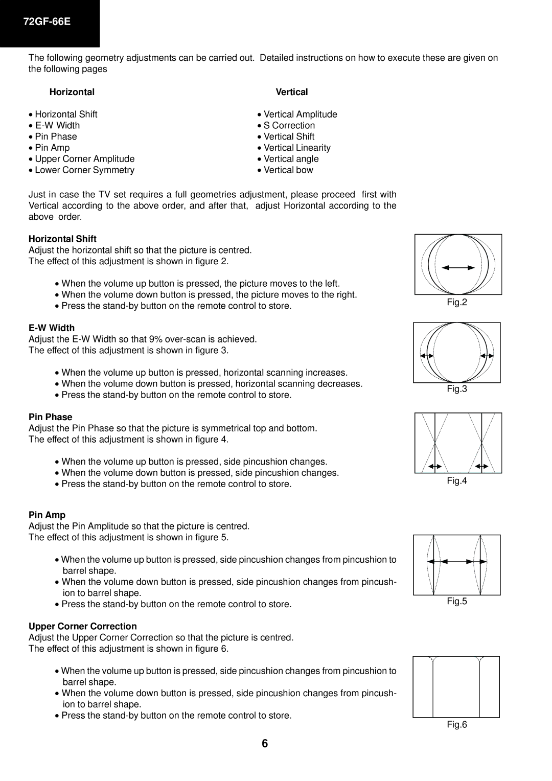 Sharp 72GF-66E service manual Horizontal Vertical, Horizontal Shift, Width, Pin Phase, Pin Amp, Upper Corner Correction 