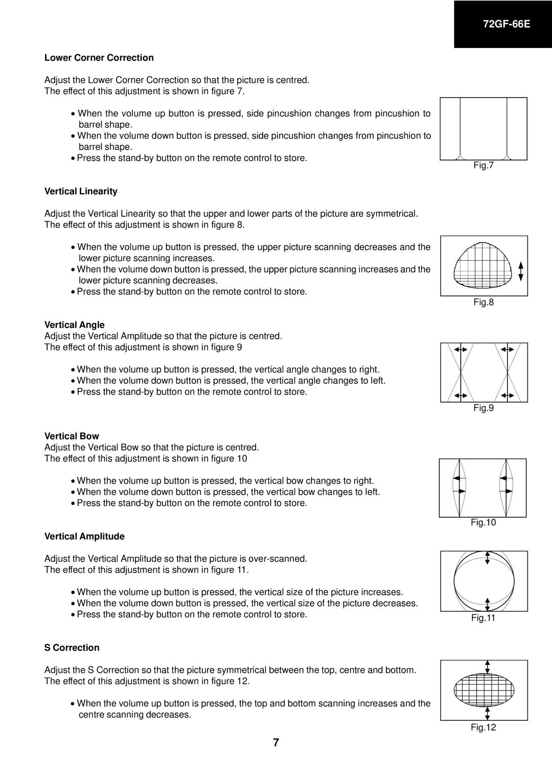 Sharp 72GF-66E service manual Lower Corner Correction, Vertical Linearity, Vertical Angle, Vertical Bow, Vertical Amplitude 