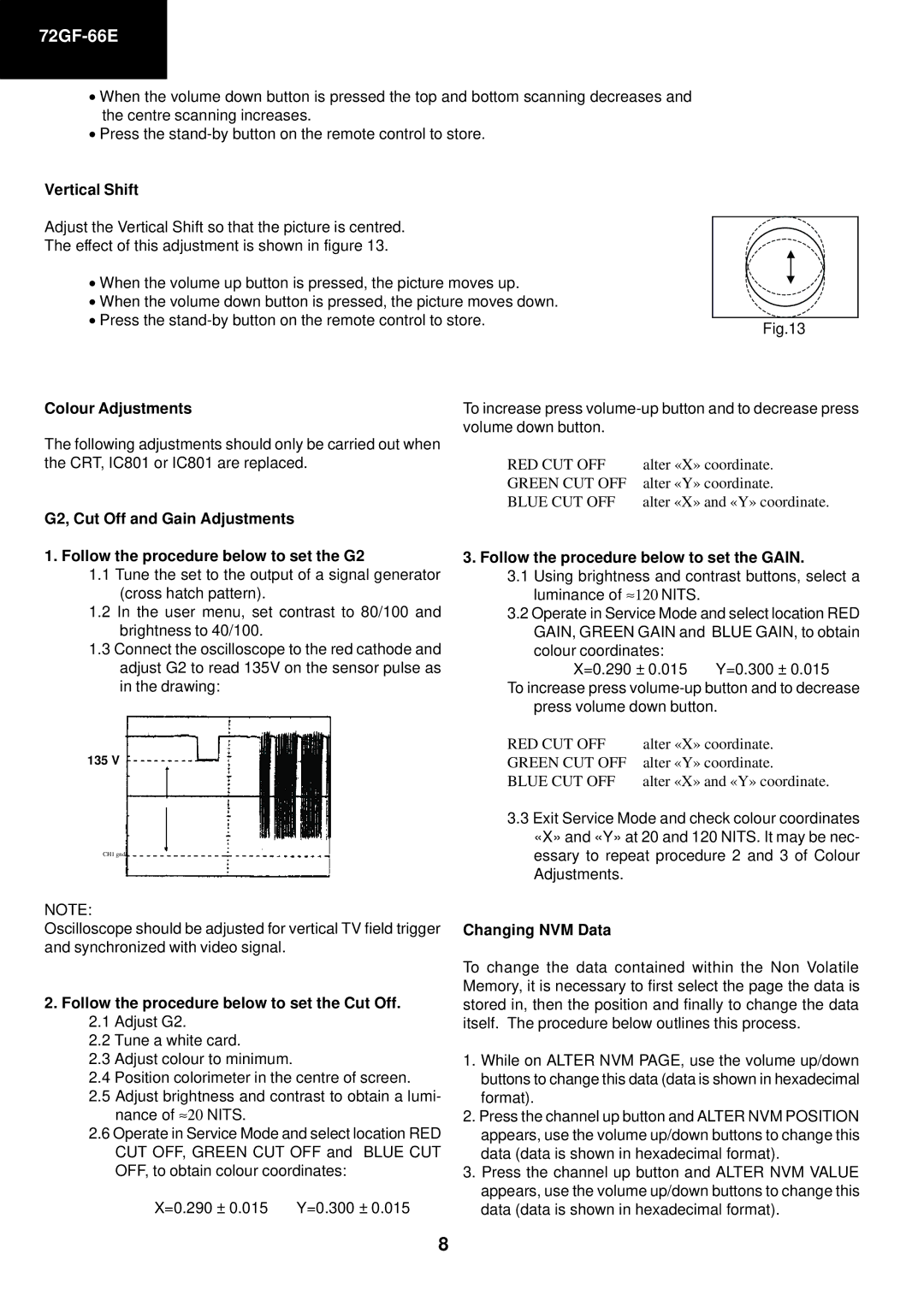 Sharp 72GF-66E Vertical Shift, Colour Adjustments, Follow the procedure below to set the Cut Off, Changing NVM Data 