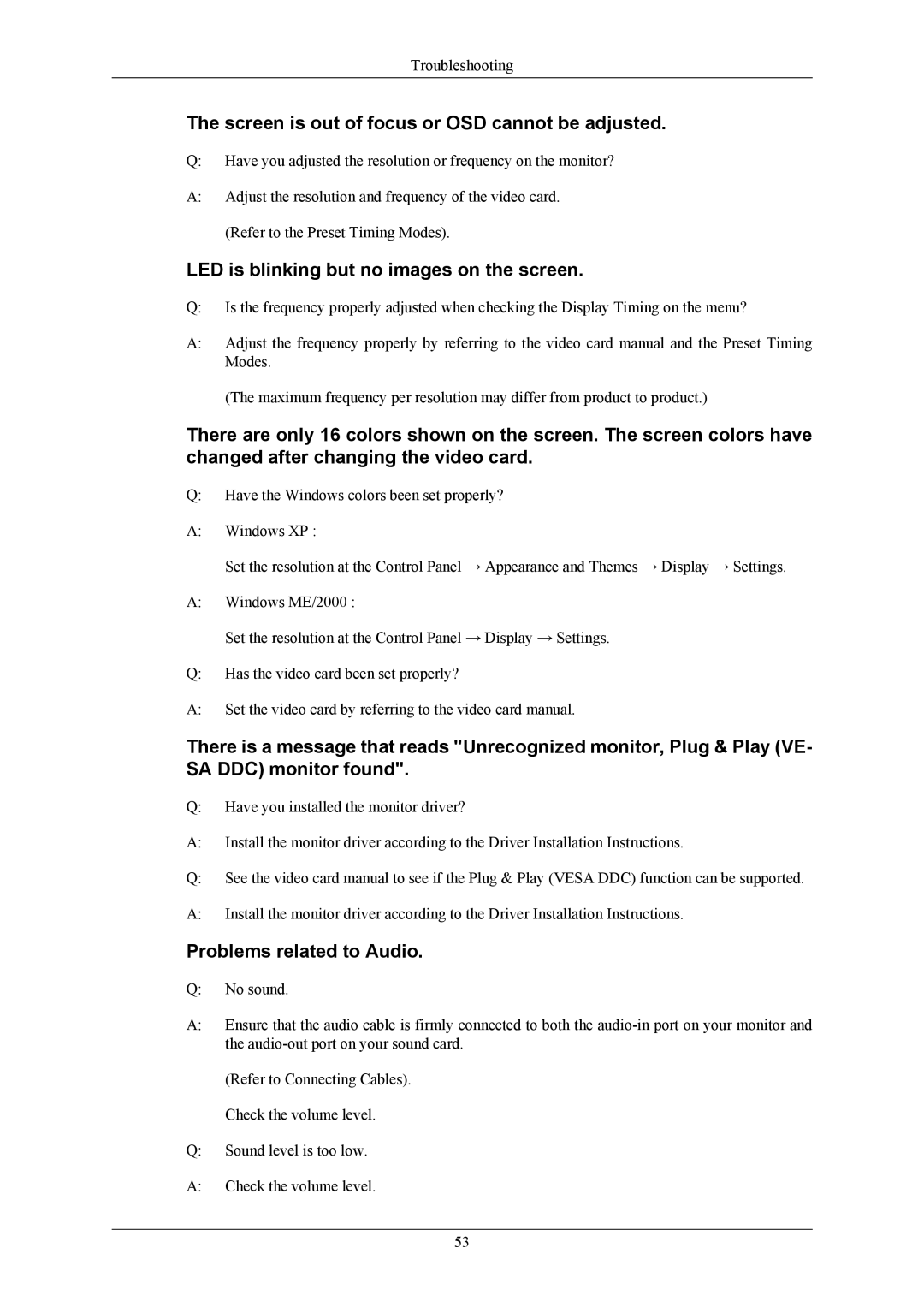 Sharp 743BM user manual Screen is out of focus or OSD cannot be adjusted, LED is blinking but no images on the screen 