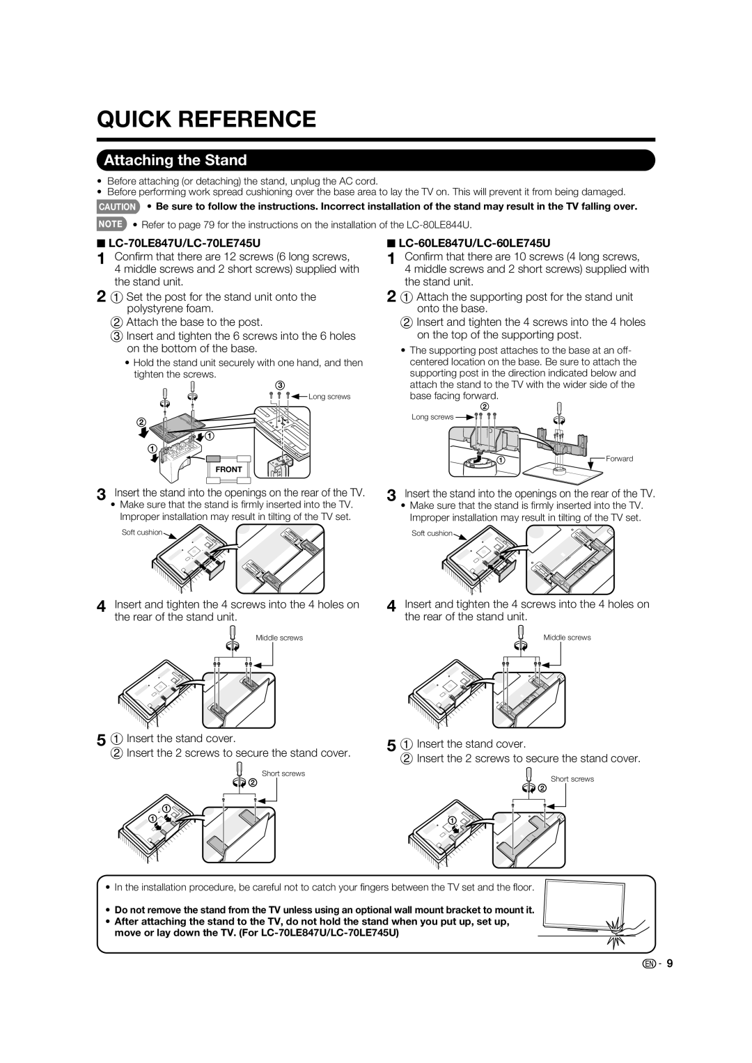 Sharp 70LE745U, 80LE844U, 70LE847U, 60LE847U, 60LE745U operation manual Insert the stand into the openings on, Make sure 