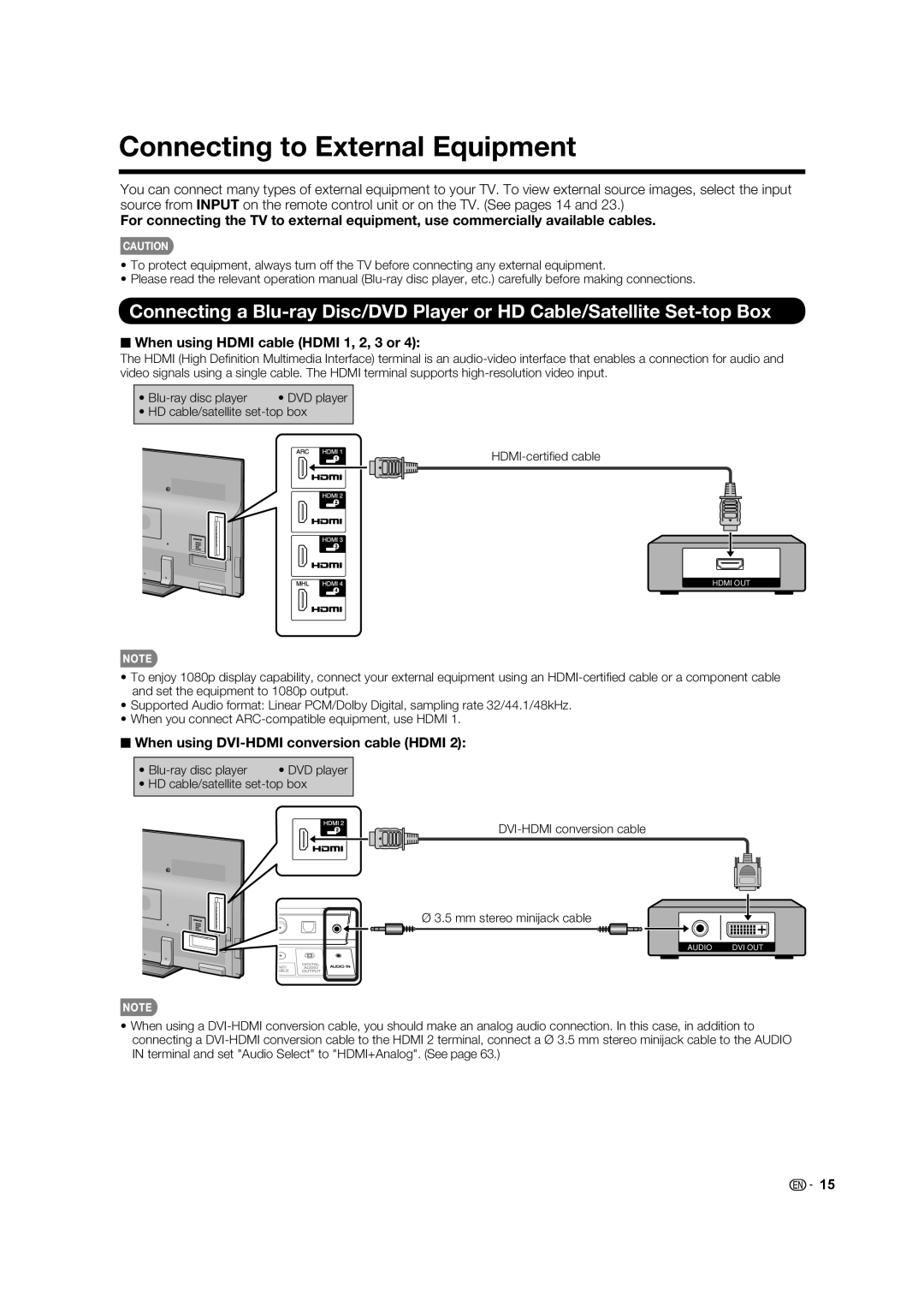 Sharp 70LE847U, 80LE844U, 70LE745U, 60LE847U, 60LE745U operation manual DVI-HDMI conversion cable Mm stereo minijack cable 