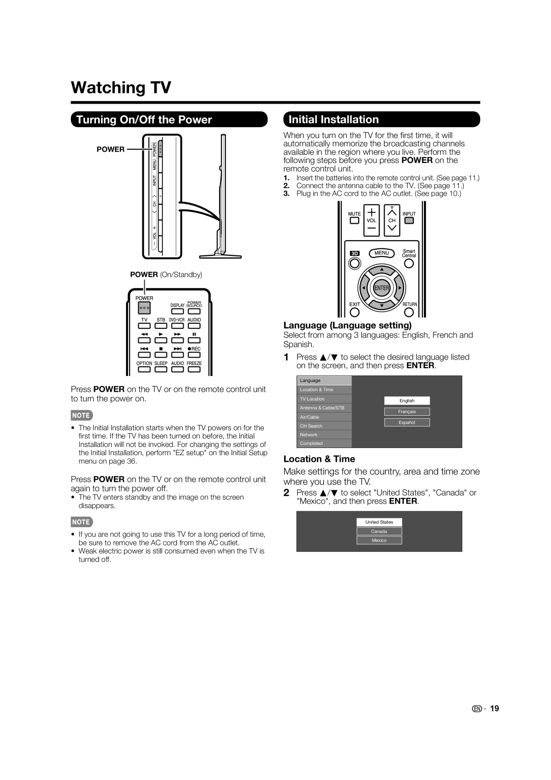 Sharp 70LE745U Watching TV, Turning On/Off the Power, Initial Installation, Language Language setting, Location & Time 