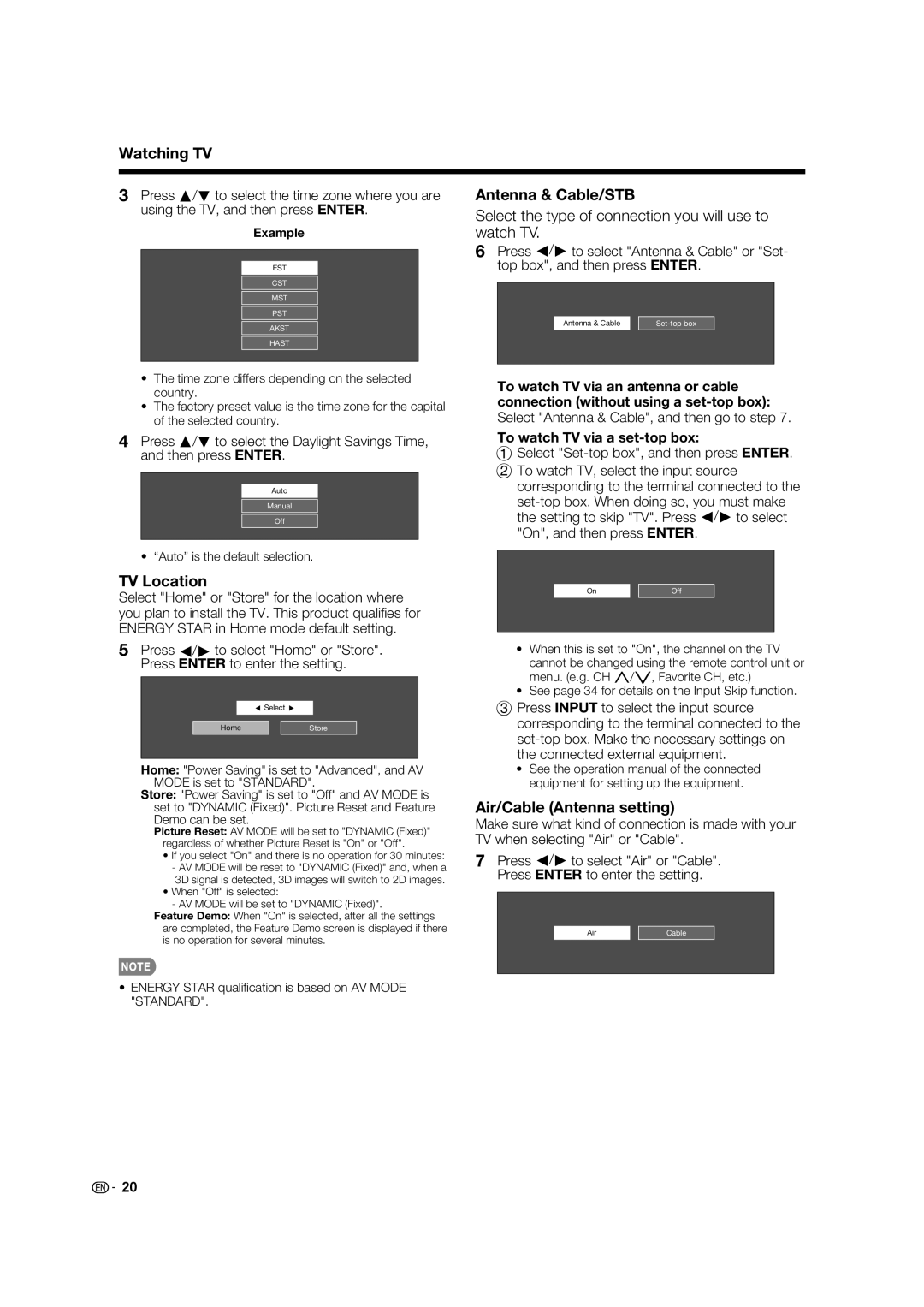 Sharp 70LE847U Watching TV, Antenna & Cable/STB, TV Location, Air/Cable Antenna setting, To watch TV via a set-top box 