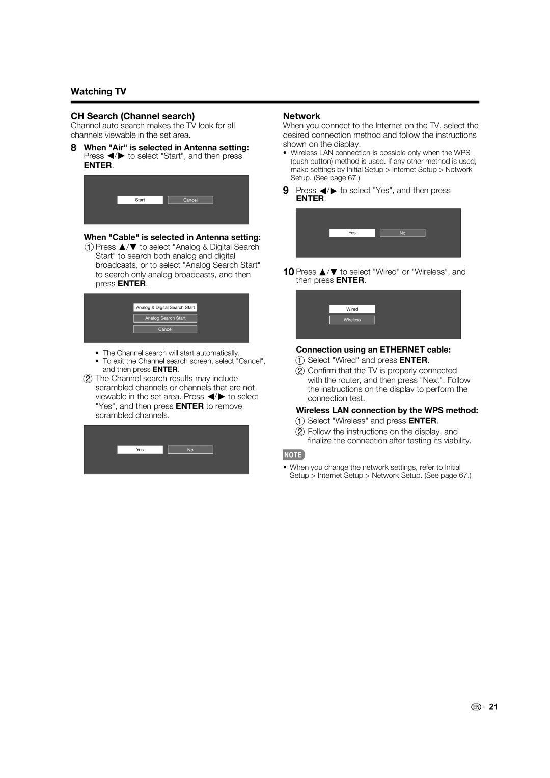 Sharp 60LE847U, 80LE844U, 70LE745U Watching TV CH Search Channel search, Network, Press c/d to select Yes, and then press 