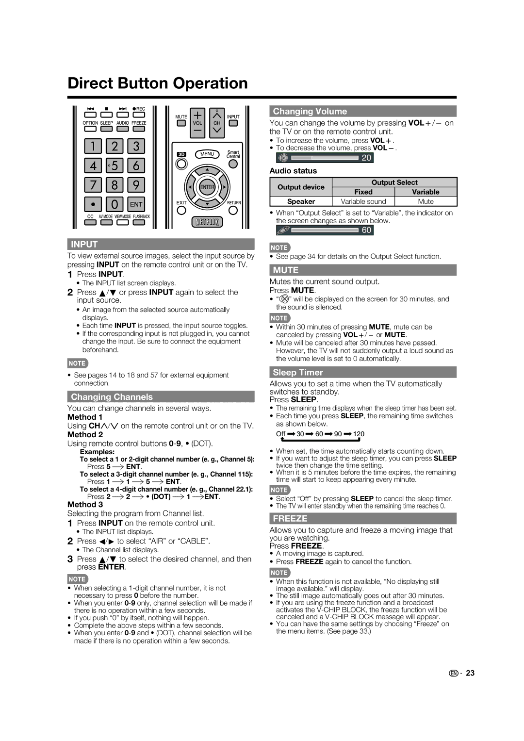 Sharp 80LE844U, 70LE745U, 70LE847U, 60LE847U Direct Button Operation, Changing Channels, Changing Volume, Sleep Timer 