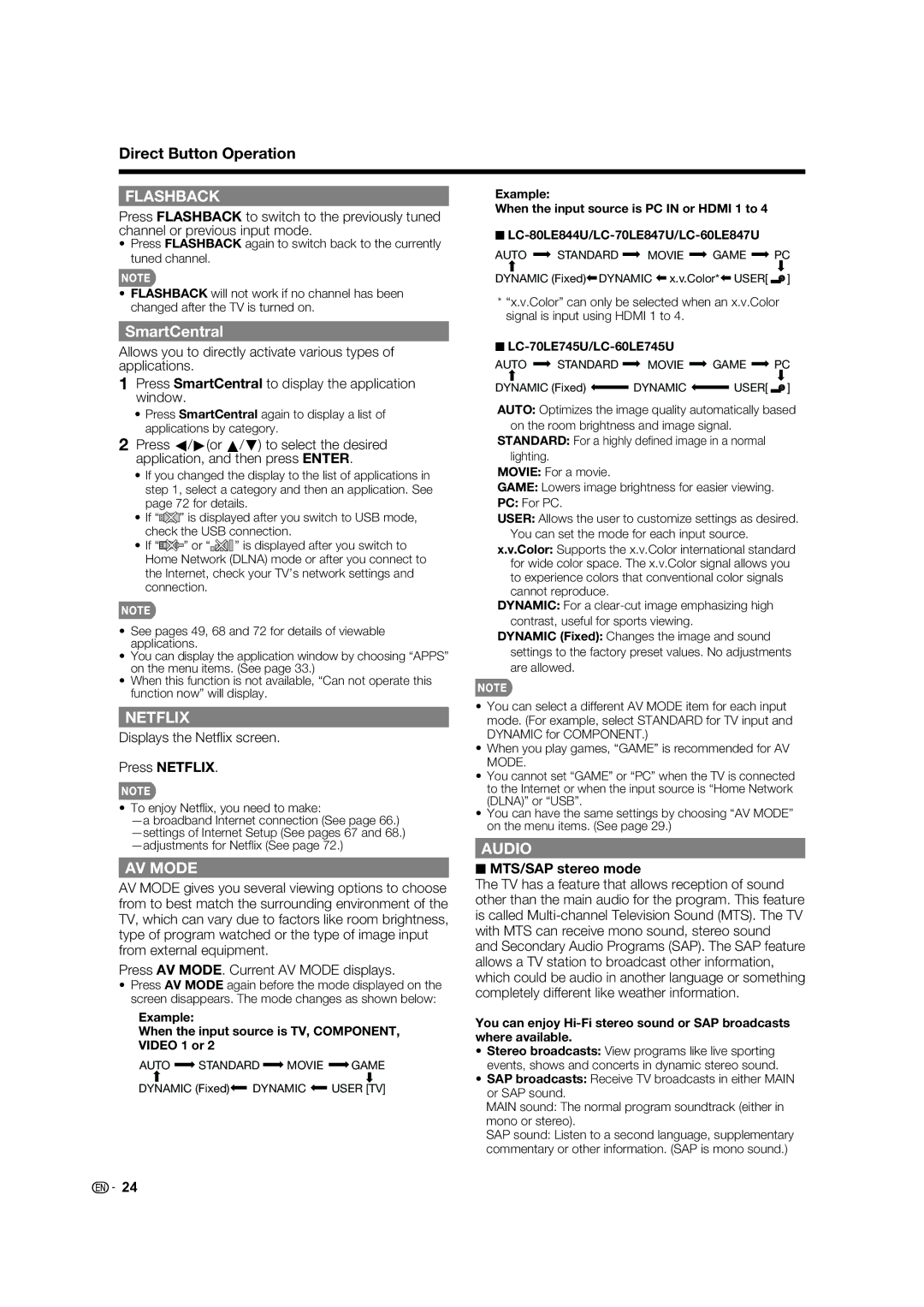 Sharp 70LE745U Direct Button Operation, SmartCentral, Displays the Netﬂ ix screen Press Netflix, MTS/SAP stereo mode 